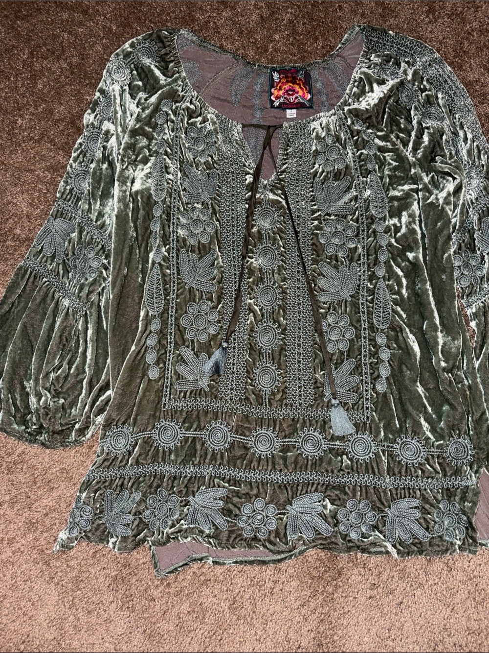 Johnny Was Embroidered Velvet Peasant Top in Olive Green